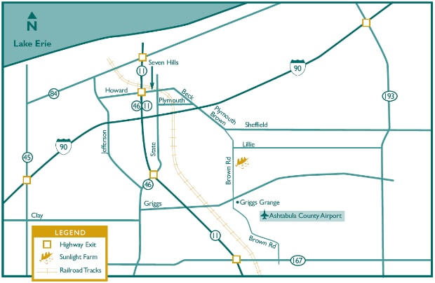 Map showing location of Sunlight Farm at 3080 Brown Road, Jefferson, Ohio